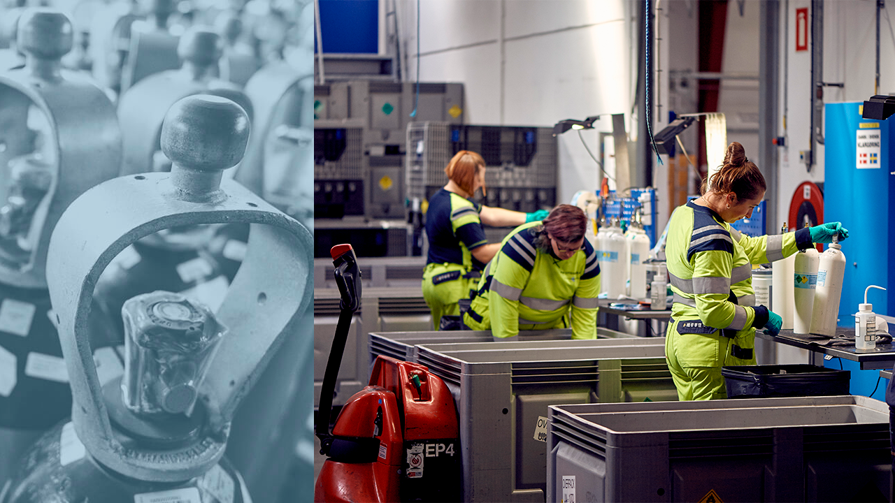 Medarbejdere på fabrik arbejder med gas på flaske. Gasflasker på række. 